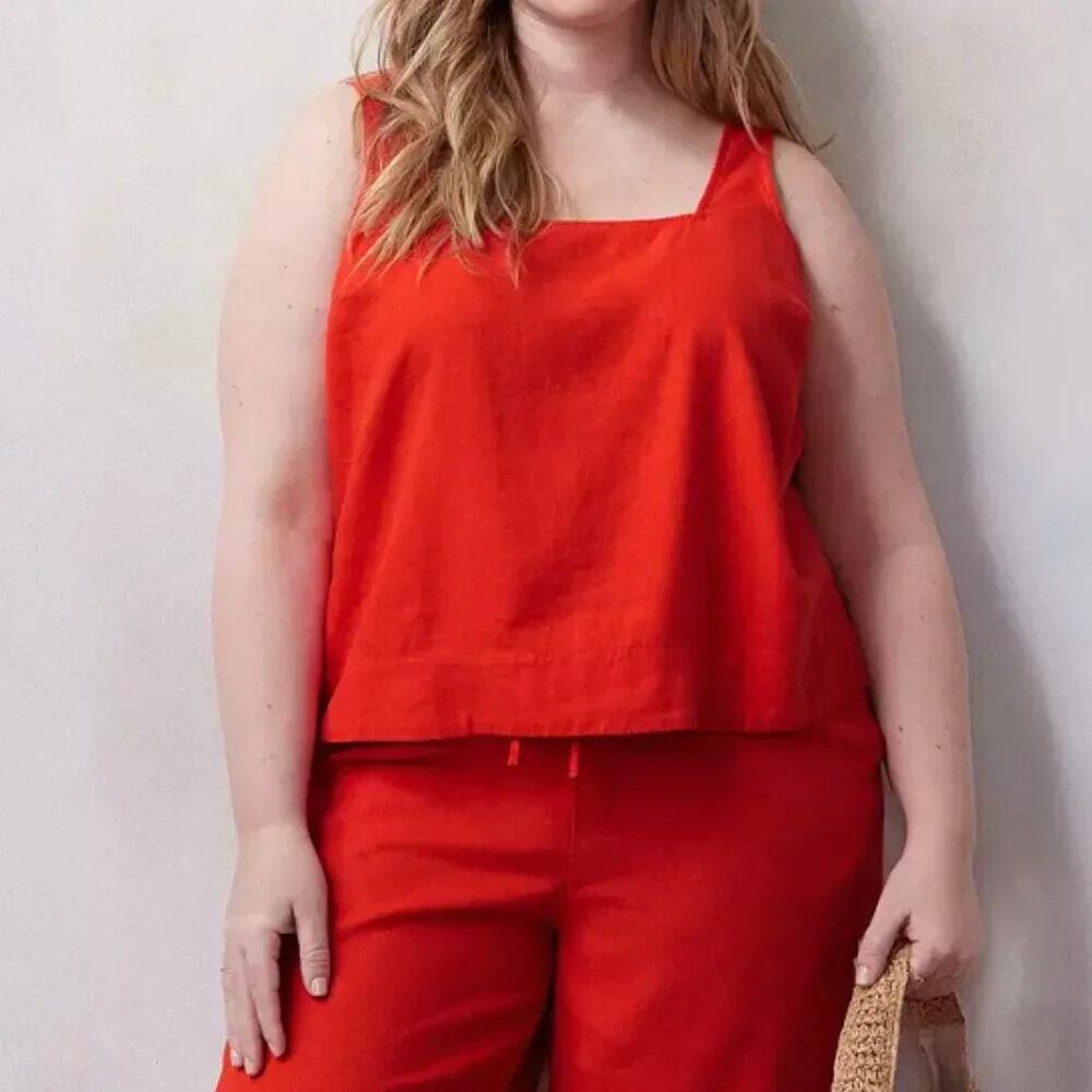 NWT LC Lauren Conrad Linen Blend Tank Top Red Orange Square Neck Button Back 1X